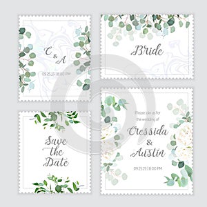 Wedding eucalyptus, rose square vector design banner frames