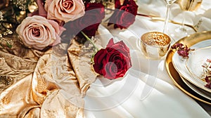 Wedding and event celebration tablescape with flowers, formal dinner table setting with roses and wine, elegant floral