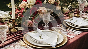 Wedding and event celebration tablescape with flowers, formal dinner table setting with roses and wine, elegant floral