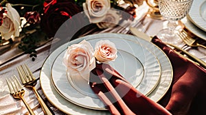 Wedding and event celebration tablescape with flowers, formal dinner table setting with roses and wine, elegant floral table decor