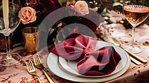 Wedding and event celebration tablescape with flowers, formal dinner table setting with roses and wine, elegant floral table decor