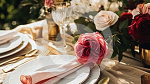 Wedding and event celebration tablescape with flowers, formal dinner table setting with roses and wine, elegant floral table decor