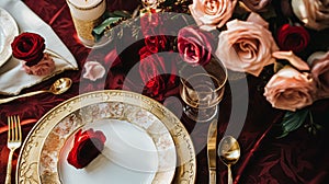 Wedding and event celebration tablescape with flowers, formal dinner table setting with roses and wine, elegant floral table decor