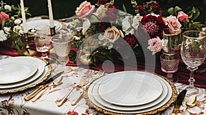 Wedding and event celebration tablescape with flowers, formal dinner table setting with roses and wine, elegant floral table decor