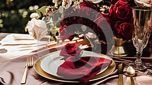 Wedding and event celebration tablescape with flowers, formal dinner table setting with roses and wine, elegant floral table decor