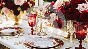 Wedding and event celebration tablescape with flowers, formal dinner table setting with roses and wine, elegant floral table decor