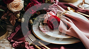 Wedding and event celebration tablescape with flowers, formal dinner table setting with roses and wine, elegant floral table decor