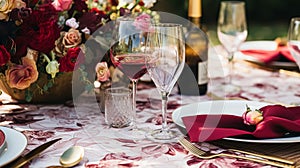 Wedding and event celebration tablescape with flowers, formal dinner table setting with roses and wine, elegant floral table decor