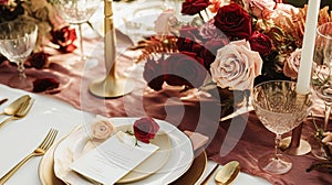 Wedding and event celebration tablescape with flowers, formal dinner table setting with roses and wine, elegant floral table decor