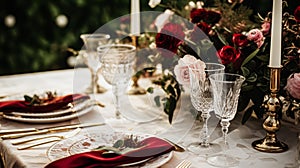 Wedding and event celebration tablescape with flowers, formal dinner table setting with roses and wine, elegant floral table decor