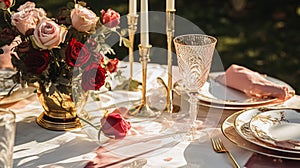 Wedding and event celebration tablescape with flowers, formal dinner table setting with roses and wine, elegant floral table decor