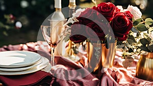 Wedding and event celebration tablescape with flowers, formal dinner table setting with roses and wine, elegant floral table decor