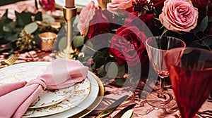 Wedding and event celebration tablescape with flowers, formal dinner table setting with roses and wine, elegant floral table decor