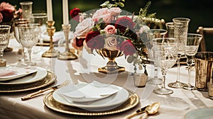 Wedding and event celebration tablescape with flowers, formal dinner table setting with roses and wine, elegant floral table decor