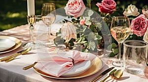 Wedding and event celebration tablescape with flowers, formal dinner table setting with roses and wine, elegant floral table decor