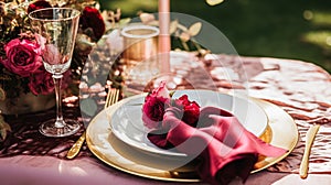 Wedding and event celebration tablescape with flowers, formal dinner table setting with roses and wine, elegant floral table decor