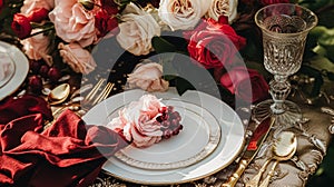 Wedding and event celebration tablescape with flowers, formal dinner table setting with roses and wine, elegant floral table decor