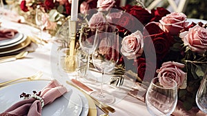 Wedding and event celebration tablescape with flowers, formal dinner table setting with roses and wine, elegant floral table decor