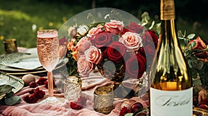 Wedding and event celebration tablescape with flowers, formal dinner table setting with roses and wine, elegant floral table decor