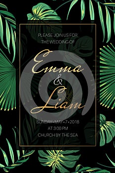 Wedding event invitation card border frame template. Exotic tropical fern greenery vivid bright green black background.