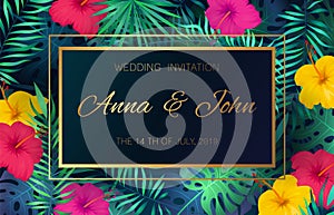 Wedding event invitation card. Poster marriage exotic tropical flowers jungle leaves palm frame decoration invite banner