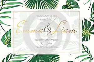 Wedding event invitation card template. Exotic tropical jungle bright green palm tree monstera leaves border frame.