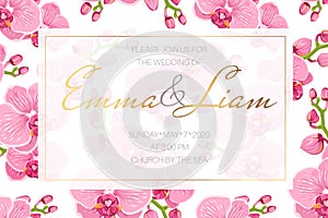 Wedding event invitation card template. Rectangular border frame decorated with bright pink orchid phalaenopsis flowers.