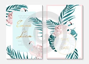 Wedding event invitation cards template set. Exotic pink flamingo birds. Body shape as rose flower. Green palm leaves.