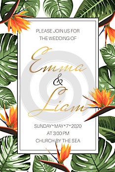 Wedding event invitation RSVP card template. Green monstera philodendron leaves orange strelitzia bird paradise flowers.