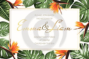 Wedding event invitation RSVP card template. Green monstera philodendron leaves orange strelitzia bird paradise flowers.