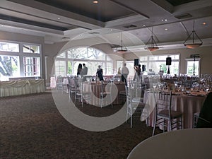 Wedding Event, serving table, guests, reception hall and servers