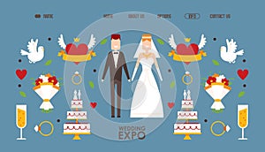 Wedding expo website design, vector illustration. Landing page template with symbols and icons of love in simple flat