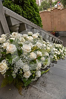 wedding exterior at the bride\'s house with flower decoration