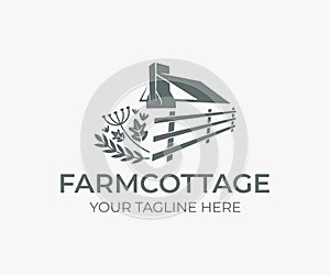 Wedding farm cottage, roof and chimney with fence and herbs, logo design. House or home rustic, rural scene and countryside, vecto