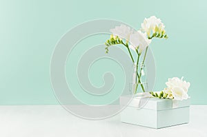 Wedding festive background with closed gift box, fragrance soft white flowers freesia in glass vase in green mint menthe interior.