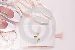 Wedding flat lay, womans stylish fashion accessories in biege colors, white background,copy space.Bridal details concept