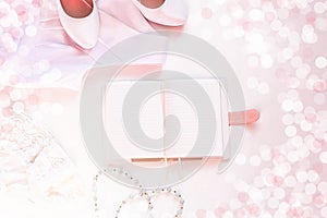 Wedding flat lay, womans stylish fashion accessories in biege colors, white background,copy space.Bridal details concept