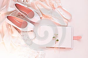 Wedding flat lay, womans stylish fashion accessories in biege colors, white background,copy space.Bridal details concept