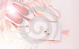Wedding flat lay, womans stylish fashion accessories in biege colors, white background,copy space.Bridal details concept