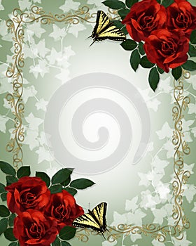 Wedding floral border Red Roses Butterflies