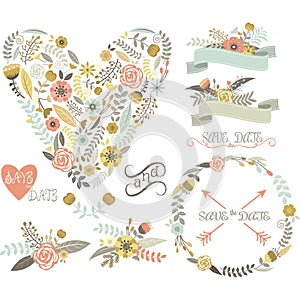 Wedding Floral Collection. Elements. Hearts,Arrows,Flowers,Wreaths,Laurel. photo