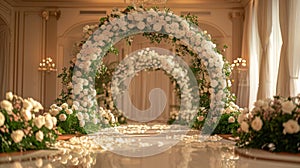 wedding floral decorations, romantic indoor wedding decor featuring a white rose and greenery archway, crafting an