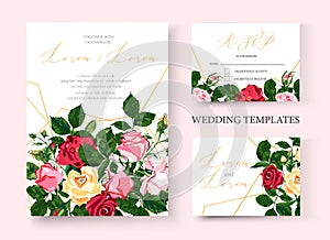 Wedding floral golden geometric invitation card with flowers roses