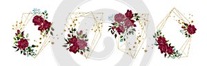 Wedding floral golden geometric triangular frame with bordo flowers roses