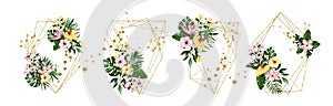 Wedding floral golden geometric triangular frame with tropical exotic flowers