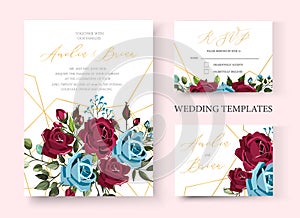Wedding floral golden invitation card save the date design with bordo navy blue roses