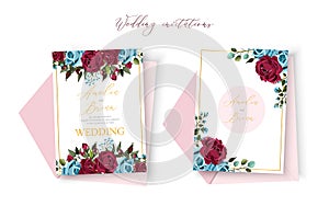 Wedding floral golden invitation card save the date design with bordo navy blue roses photo