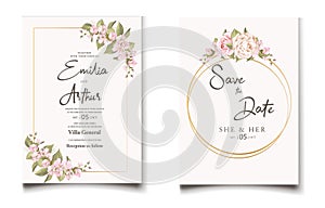 Wedding floral golden invitation card save the date design with pink flowers roses and green leaves wreath and frame. Botanical el