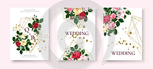 Wedding floral golden triangular frame invitation card with flowers roses