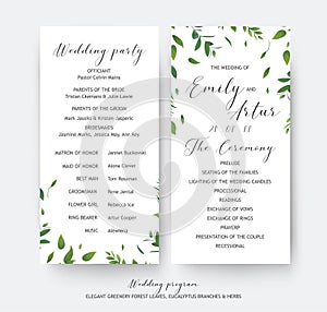 Wedding floral greenery ceremony and party program cards vector
